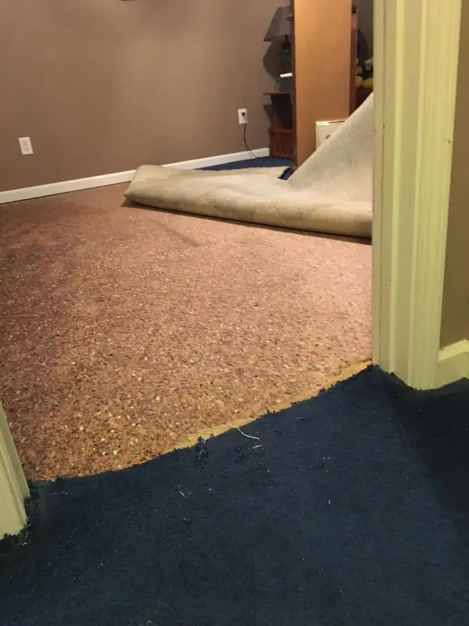 Carpet pad removal revealing water damage during Drying & Dehumidification in East Brunswick